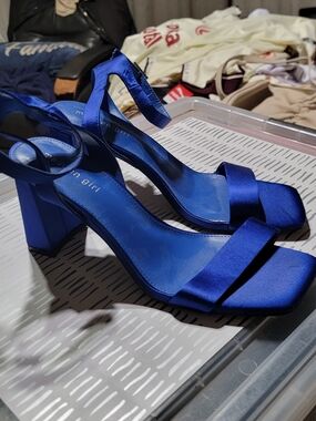 Blue Satin Block Heel Sandals - Unbranded